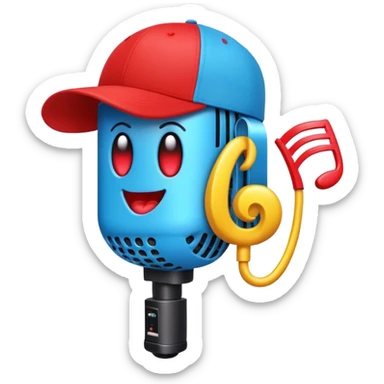 Create a bold and playful emoji that represents beatboxing. The design should feature a microphone with a cap placed on top, with large lips peeking out from under the cap. From the lips, bass clef symbols are bursting outward, symbolizing the vocal percussion and rhythm of beatboxing. Add soundwaves or beat patterns to reflect the energetic and creative nature of the art form. Use vibrant, bold colors like neon blue, red, and yellow to convey the street culture and intensity of beatboxing. The background should be transparent. sticker