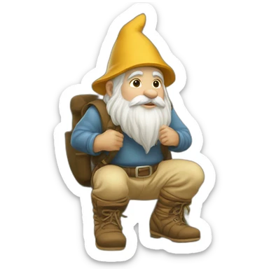 side view of gnome with light tan pants and light tan boots squatting near small brown log sticker