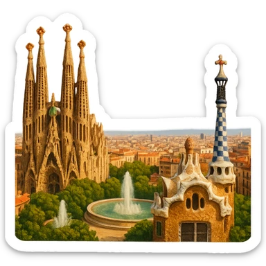 cinematic realistic emoji of Barcelona skyline featuring iconic landmarks Sagrada Familia, Park Güell, Magic Fountain, lifelike detail, accurate colors, bright lighting, wide city view, no sky, fully transparent background sticker
