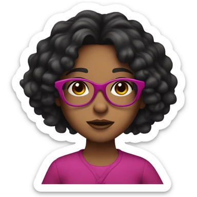 Girl with long curly black hair and brown skin and dark brown eyes and fuchsia glasses sticker