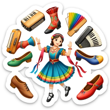 Icon for Folk Dance: close-up traditional dance shoes, colorful folk costumes, and a dance circle with ribbons and musical instruments like a tambourine or accordion. The icon should represent the vibrant and cultural aspects of folk dancing. Transparent background. sticker