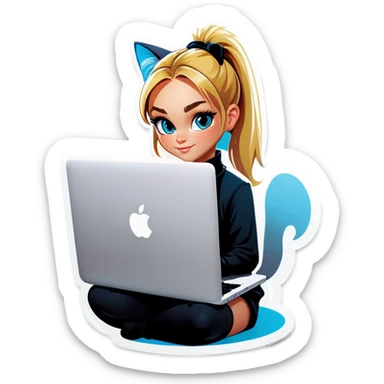 Blonde girl ponytail macBook and a cat sticker