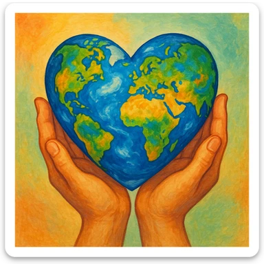 a pair of hands gently holding a heart-shaped Earth, vibrant and friendly, colorful and inviting sticker