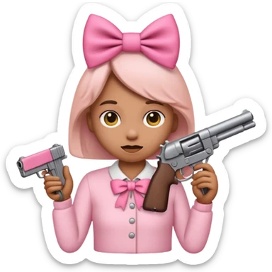 Shy emoji with pink bows holding a gun sticker