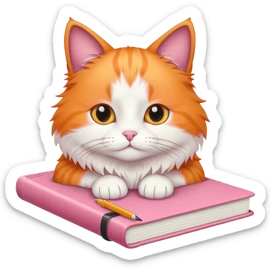 A pink note book with a orange and white cat on it sticker