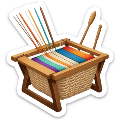 Weaving icon, various types of weaving such as basket weaving, macramé, and loom weaving, showing intertwined threads or ropes, weaving tools like shuttle, crochet hook, and loom, minimalistic style, clean lines, transparent background. sticker