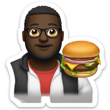 fat darkskin male with glasses with high top fade holding a burger and a skds sticker