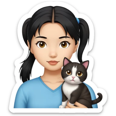 Asian Black haired girl with a ponytail with a cat  sticker
