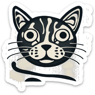 Abstract quirky funky cat made of different shapes and squiggles linocut illustrations  sticker