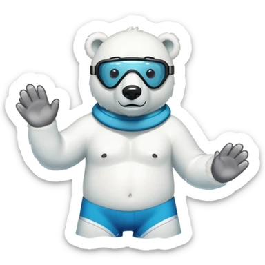 friendly anthropomorphised polar bear standing in a puddle of water, wearing board shorts, scuba mask over eyes, swimming armbands sticker
