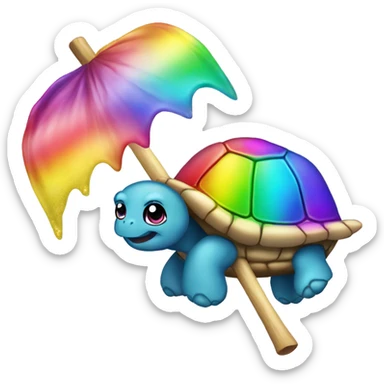 Kawaii rainbow chrome glittery turtle on witches broom sticker