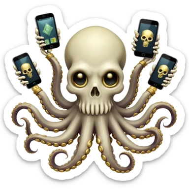 satanic octopus skeleton. Evil looking eyes, wearing a gold necklace. 2 tentacles are holding their own cellphones with one held up to its ear, 2 other tentacles are holding stacks of money sticker