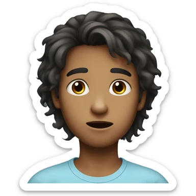 "Young person with medium-length, tousled dark hair, fair skin, and dark, expressive eyes looking slightly to the side. Wearing a light blue T-shirt with a slightly surprised or curious expression." sticker