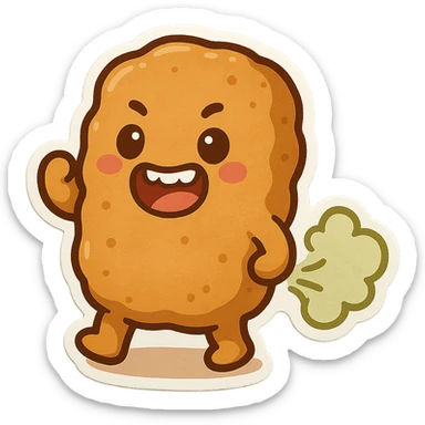 a fun and expressive cartoon chicken nugget character with its mouth open showing teeth and farting, silly and animated style sticker
