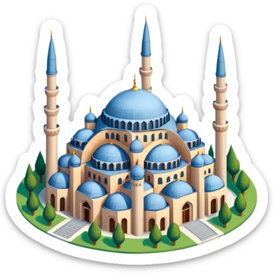 Isometric illustration of Istanbul, featuring Hagia Sophia with its large central dome and four tall minarets, paint photorealistic style sticker