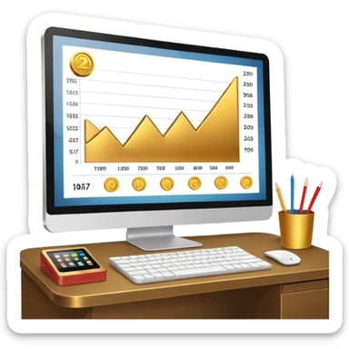 Mach mir einen schreibtisch mit einem bildschirm drauf wo mann einen Chart sieht von Gold sticker
