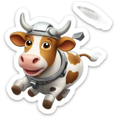 cow with udder flying to space while wearing a jetpack that is emitting flames sticker