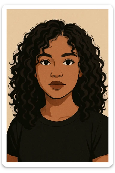 portrait of a girl with 2b dark brown curly hair, brown eyes, brown lips, slightly morena skin, wearing a black t-shirt, modern illustration style sticker