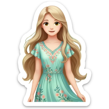 A beautiful young woman with long flowing hair, soft glowing skin, bright eyes, and a serene smile. She wears a delicate dress with floral patterns, standing in a peaceful garden with soft sunlight filtering through the trees sticker