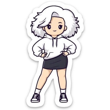 Female with slim hourglass figure, white big hair, wearing white sweatshirt, black skirt, and white shoes, full body pose sticker