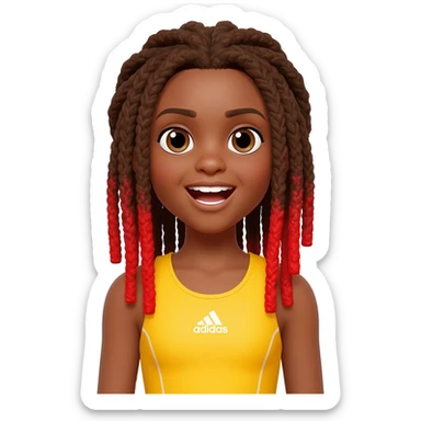 African American girl with long brown dreadlocks with red tips in yellow adidas pilates clothes looking excited sticker