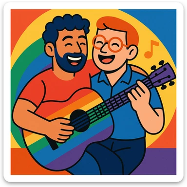 rainbow guitar being played by a joyful gay couple sticker