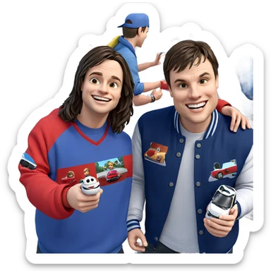 happy boys with car outdoors sticker