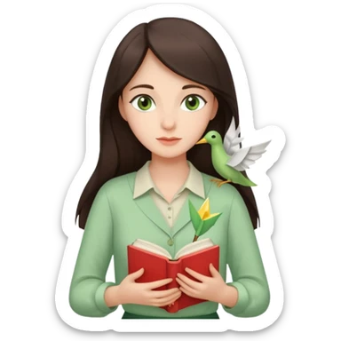 Gentle woman with fair skin, long dark brown hair, green eyes, light green blouse, holding a book to her chest. Surrounded by a heart, paper crane, leaves, and candle. Waist-up, front-facing sticker