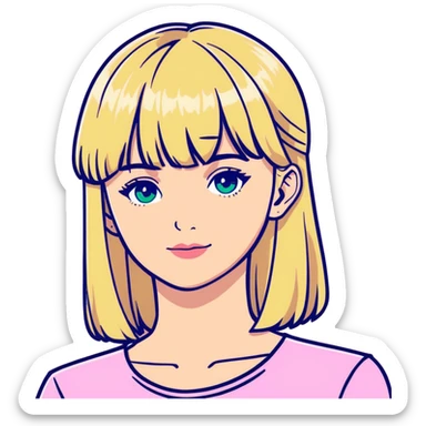 blonde woman with bangs, wearing a pink blouse, blue eyes sticker