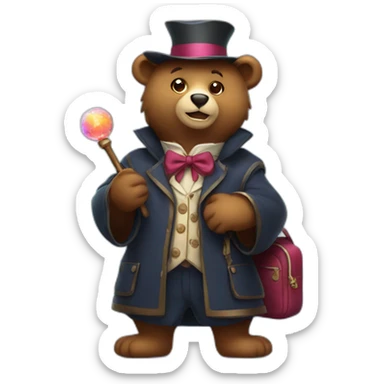a bear magician holding a wand and wearing a school bag with magic effects in the background sticker