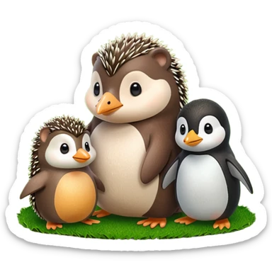 A hedgehog, a penguin and a mole playing together on a ground sticker