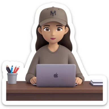 A professional 3D avatar of a young woman with olive skin and long, dark brown hair, wearing a dark, long-sleeved dark taupe shirt and a black baseball cap. She's sitting at a sleek wooden desk, typing on a silver MacBook. sticker
