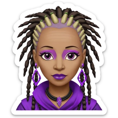 57 years young,  Black queen with a  dreads mohawk hairstyle, purple lipstick,  purple eyeshadow,  droppy sort of eyes, bamboo triangle earrings with the name Draya personalized on them.  sticker