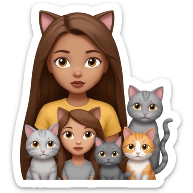 a pretty bratz dusky girl with long brown hair with four cats nd wearing a grey tshirt sticker