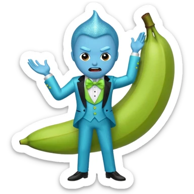 Angry blue banana fruit wearing a sparkly lime green tuxedo and tutu sticker