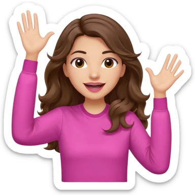 girl with long wavy brown hair, brown eyes, light to medium complexion, in a pink shirt, pink lips, long lashes, puckered lips, both hands all the way up in the air, cheering sticker