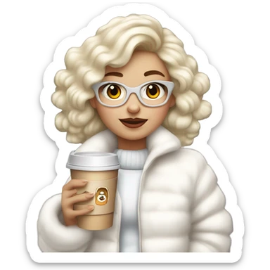 blonde girl wearing white fluffy jacket and a coffee to go in hand all dress white and a white bow on hair sticker