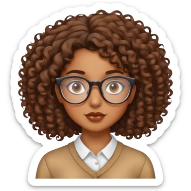 brown girl with curly hair, side part, and clear glasses sticker