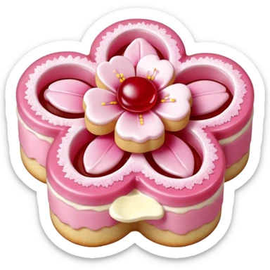 Realistic shortbread cookie in the shape of a cherry blossom with pale pink color jelly middle filling and sprinkled powder sugar on top. sticker