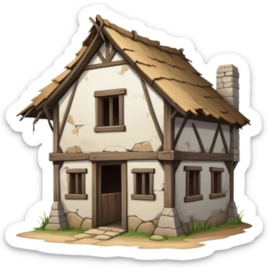 a dilapidated one-story medieval shack. The building has no windows. sticker