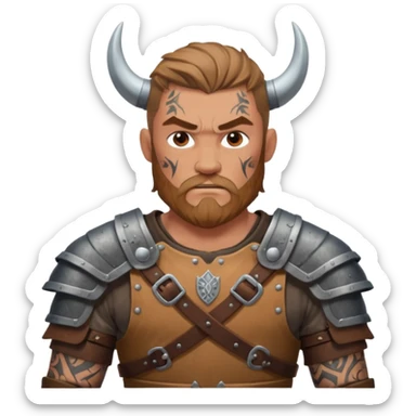 A rugged Viking man with tattooed arms, leather armor, and intense eyes ready for battle.
 sticker