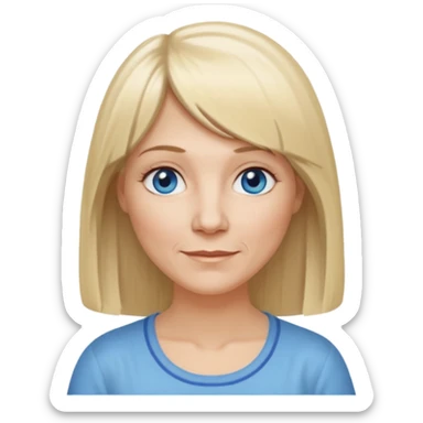 50 yr old white woman, hippie part short bangs, very long straight blond hair, oval face, small smile, blue eyes, thin face, hair downback, hair parted at center of head, round cheeks, pale, longer hair, white shirt sticker