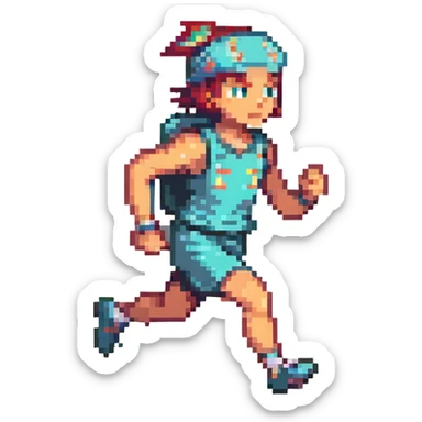 pixel art of a runner with a headband, mid-stride, retro game style sticker
