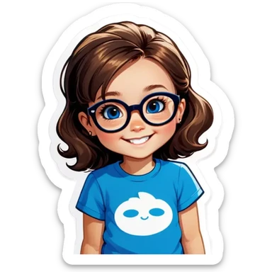 Little Girl, white skin, bronze hair smile tutor black frame glasses, bright blue t shirt sticker
