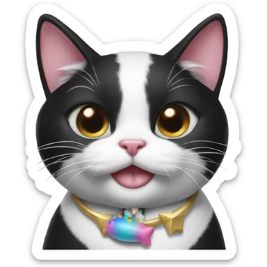 Black and white tuxedo cat with a unicorn toy in her mouth sticker