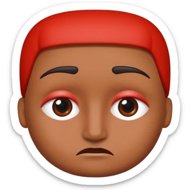 Una figura roja con cabeza cuadrada y cuerpo de rectángulos con cara con dos ojos negros como puntos y cejas preocupadas sin boca y que tenga como una especie de polvo café en la cabeza sticker