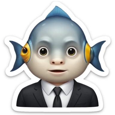 A fish man dressed in a black suit. Its face is grey fish. Just a fish. And The fish is facing upward. The fish’s neck connects smoothly with the collar of the suit. sticker