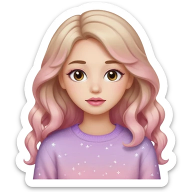 “Emoji girl, soft eyeliner, gradient rose lips, light brown shimmer eyeshadow, sparkly aegyo-sal, long wavy hair, cozy pastel sweater.” sticker