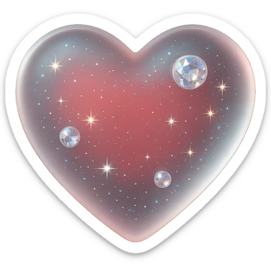 tiny red heart, pastel red enamel, sparkling gems, soft glowing effect, extra glitter accents, matte glass style, iridescent shimmer sticker