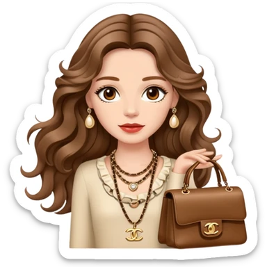 Chanel Girl with long brown wavy hair, beige skin, with Birkin bag and Chanel necklace sticker